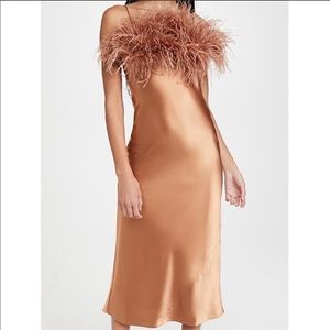 Cinq a sept satin cerise dress ostrich feather